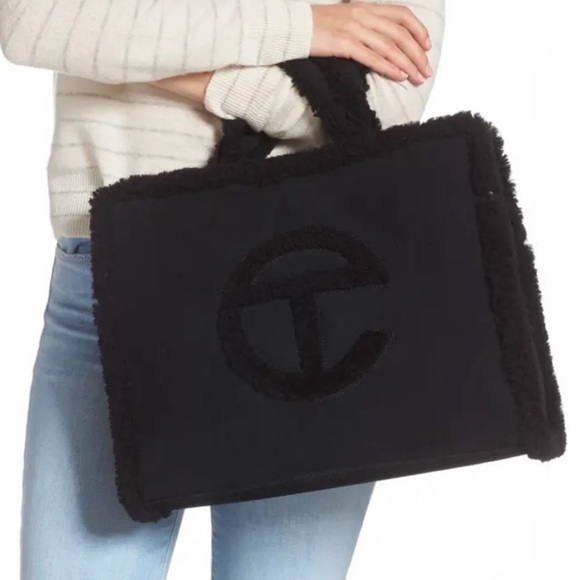 🆕UGG X TELFAR MEDIUM SHOPPER SHEARLING & SUEDE BLACK TOTE BAG - Picture 15 of 16